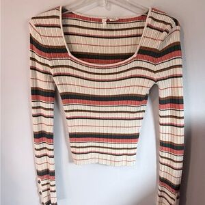 Sky and Sparrow Ribbed Scoop-Neck Long Sleeve Top - Cream, Rust & Green